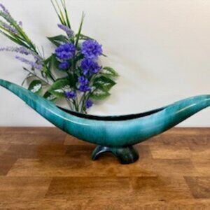 Blue Mountain Pottery Long Abstract Canoe Planter Teal Green Drip Glaze Canadian